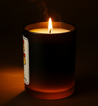 Candle with a label on a dark background