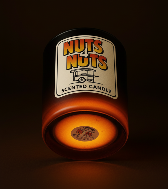 Nuts 4 Nuts scented candle with glowing interior on a dark background
