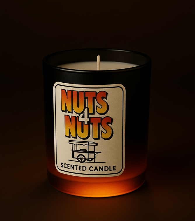 Scented candle with 'Nuts 4 Nuts' label on a dark background