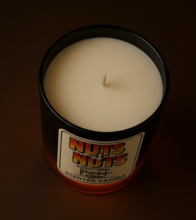 Candle in a black container with a 'NUTS' label on a dark background